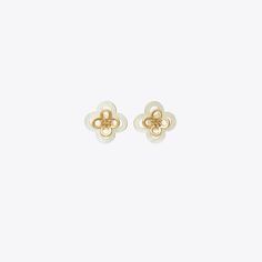 Delicate geometry. Graphic cutouts reinterpret the classic good luck charm on our Kira Clover Stacked Stud. Made for pierced ears. Tory Burch Kira, Luck Charm, Luck Charms, Pierced Ears, Designer Jewelry, Designer Earrings, Good Luck, Ear Piercings, Designer Shoes