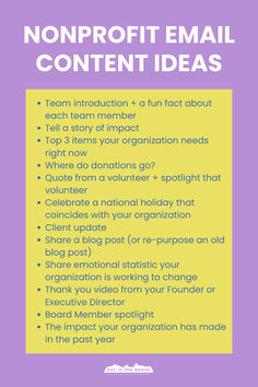 a purple and yellow poster with the words nonproit email content ideas