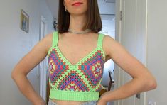 "Granny square colorful crop top is READY TO SHIP The bralette is crocheted by hand from cotton is soft and delicate, does not irritate the skin. YARN COMPOSITION: 100% cotton. SIZE: S (USA 6) (EU 36) Chest - 85-89 cm/ 33.5-35\" M (USA 8) (EU 38) Chest - 90-94 cm/ 35.5-37\" CARE INSTRUCTIONS: only hand wash in cold water (max. 86ºF / 30ºC) and flat dry." Cute Sleeveless Crochet Cotton Top, Trendy Crochet Summer Tank Top, Trendy Crochet Sleeveless Tank Top, Trendy Crochet Tank Top For Summer, Sleeveless Granny Square Tops For Spring, Cute Sleeveless Festival Tops, Casual Sleeveless Granny Square Top, Cute Sleeveless Crochet Top For Summer, Multicolor Crochet Cotton Tank Top