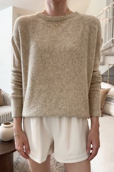 A soft and dreamy knit sweater! The Adeline Lightweight Pullover Sweater is a the perfect lightweight sweater to slip on over a tank on a chilly evening. Featuring a beige color, ribbed detailing, semi sheer fabric, crew neckline, oversized fit and soft knit fabric. Style this cozy knit over shorts or trousers! Details & Sizing Beige color Semi sheer fabric Crew neckline Soft knit fabric True to size fit Gabriella is wearing a size S Fabric 60% Acrylic 12% Polyester 11% Nylon 6% Wool 3% Spandex Trousers Details, Cozy Knit, Sheer Fabric, Lightweight Sweater, Cozy Knits, 21 Days, Sheer Fabrics, Light Weight Sweater, Beige Color