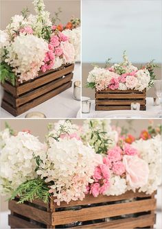 an instagram page for wedding chicks, with flowers in wooden boxes on the table