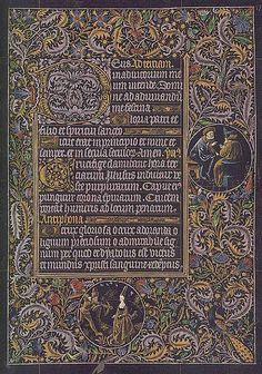 an illuminated page from a medieval manuscript, with the text written in latin and english