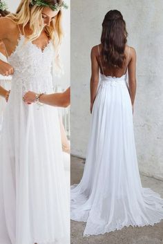 two pictures of women in white dresses one is wearing a wedding dress and the other has a flower crown on her head