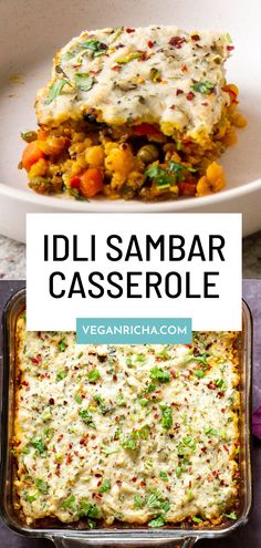 a casserole dish with vegetables in it and the words idli sambar casserole below