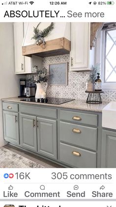 a kitchen with grey cabinets and gold handles on the counter top, is featured in an instagram