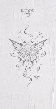 a drawing of a butterfly with swirls and stars on it's back side