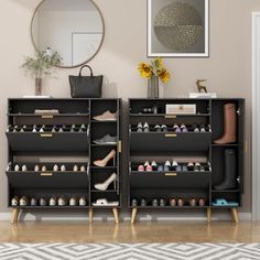 the shoe rack is full of many pairs of shoes