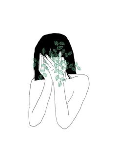 a drawing of a woman covering her face with leaves flying around her head and hands