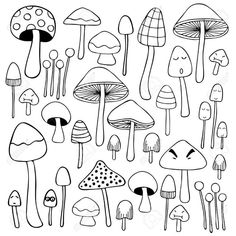 hand drawn doodle mushrooms on white background