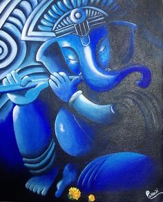 a painting of an elephant with blue paint on it