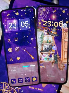 two cell phones with halloween themes on them, one is purple and the other is gold