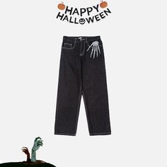 Get ready for Halloween with these stylish mid-waist denim trousers! They come with a zipper fly and feature a unique embroidery of a skeleton hand, adding a spooky twist to your wardrobe. DETAILSMaterial: DenimClosure Type: Zipper flyWaist Type: MID Get Ready For Halloween, Embroidery Denim, Unique Embroidery, A Skeleton, Ready For Halloween, Skeleton Hand, Skeleton Hands, Denim Trousers, Denim Pants