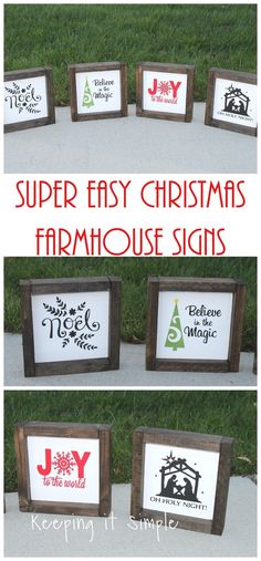 four pictures of christmas signs with the words, super easy christmas farmhouse signs in them