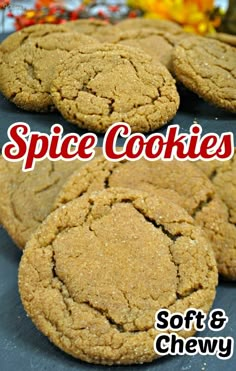 soft and chewy spice cookies on a baking sheet with the words spice cookies above it