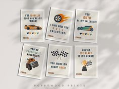 four greeting cards with different types of cars on them and the words you're my valentine