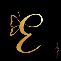 the letter g with a butterfly on it's side in gold and black background