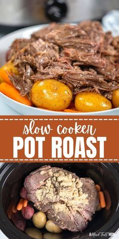 slow cooker pot roast with potatoes, carrots and meat in the crockpot