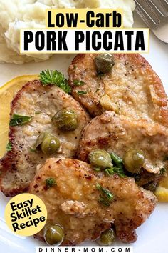 this is an image of low carb pork piccata with lemons and capers