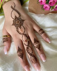 a woman's hand with henna tattoos on it and flowers in the background