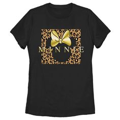 a women's black t - shirt with leopard print and a gold bow on the front