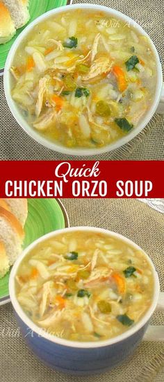 chicken orzo soup in a bowl on a green plate with a red and white border