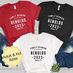 "HOLIDAY ORDERS: Please order by 12/10/23 for holiday delivery. Any orders received after 12/10/23 are not guaranteed to arrive before 12/24/23. If you have questions, please feel free to message me. 🙂  🙂Family reunions are so much fun! These matching personalized t-shirts really makes you feel like a family! Also, matching shirts make it easier to locate family members in a large group. And it's a great keepsake!🙂 Shirts available for both adults and kids! NOTE:  The font used for the family name is DISTRESSED.  If you prefer a different, non distressed font, please message us. You can personalize  the NAME, YEAR and LOCATION on this shirt! If you prefer not to have a location, just be sure to make a note in the 'Personalization\" section. Pricing for each shirt and ordering instructio Simple Family Reunion Shirts, Family Gathering Tshirt Ideas, Family Reunion T Shirts Designs Ideas, Family Reunion Tshirt Design, Reunion Tshirt Design, Family Reunion Tshirts, Family Reunion Outfit, Family Reunion Shirts Designs, Group Cruise Shirts