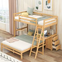 a wooden bunk bed sitting next to a window