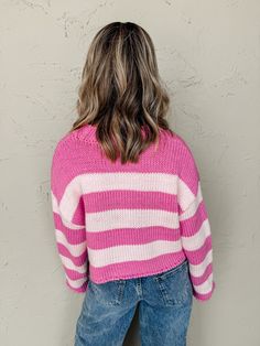 Stay stylish in your own way with our My Own Way Striped Sweater! This pink and white striped sweater features a chunky knit and generous stretch for a comfortable fit. The wide ribbed trim and round neckline add a touch of sophistication while the long sleeves keep you warm. Get ready to rock your unique style! Round neckline with wide ribbed trim Long sleeves Chunky knit design Fit: Relaxed; Generous stretch Bust: Small-44in Medium-46in Large-48in Length: Small-19in Medium-20in Large-21in Fabr Trendy Pink Cropped Sweater With Ribbed Cuffs, Pink Chunky Knit Cropped Sweater For Fall, Knit Sweater With Contrast Stripes, Pink Ribbed Casual Cardigan, Pink Ribbed Cardigan Casual Style, Pink Cropped Crew Neck Sweater With Ribbed Cuffs, Pink Crew Neck Cropped Sweater With Ribbed Cuffs, Pink Textured Knit Crew Neck Cropped Sweater, Pink Textured Knit Cropped Crew Neck Sweater