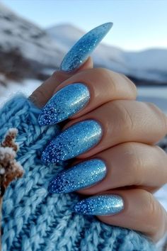 Ice Blue Nails, Short Nail Set, Frozen Nails, Glitter Gradient Nails, June Nails, Blue And Silver Nails, Set Nails, Beachy Nails, Blue Acrylic Nails