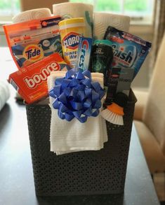 a basket filled with toiletries on top of a table