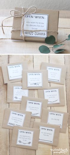 the wedding stationery was made from brown paper and tied with twine, which also had green leaves