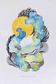 a watercolor painting with the letter s in blue, yellow and green colors on white paper