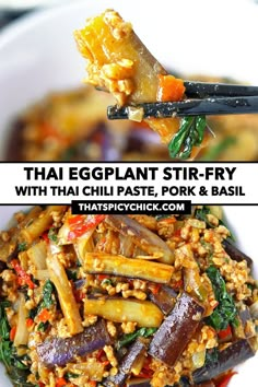 an eggplant stir fry with thai chili paste pork and basil in a white bowl