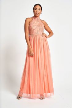 Caroline Coral Embellished Halter Neck Maxi Dress Embellished Halter Neck Dress For Formal Occasions, Formal Embellished Halter Neck Dress, Summer Prom Halter Dress With Fitted Bodice, Embellished Halter Neck Prom Dress, Halter Neck Embellished Dress For Prom, Halter Neck Embellished Dress For Prom Season, Spring Prom Halter Dress With Fitted Bodice, Pink Halter Maxi Dress For Evening, Embellished Halter Neck Maxi Dress For Prom