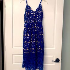 Adjustable Spaghetti Strap Blue Lace Dress. Never Worn! Blue Lace Trim Sleepwear With Spaghetti Straps, Blue Spaghetti Strap Sleepwear With Lace Trim, Blue Knee-length Midi Dress With Lace Trim, Blue V-neck Sleepwear With Lace Trim, Blue Lace V-neck Midi Dress, Blue Lace Midi Dress, Blue Lace Dress, Lace Blue Dress, Lace Midi