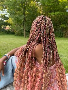 full back view Pink Boho Braids Black Women, Neopolitan Box Braids, Pastel Pink Box Braids, Neopolitan Braids With Curls, Pink And Brown Hair Braids, Neapolitan Hair Braids, Brown And Pink Boho Braids, Honey Blonde And Pink Braids, Pink Brown And Blonde Hair