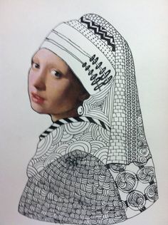 a drawing of a woman's head wearing a white hat with black writing on it