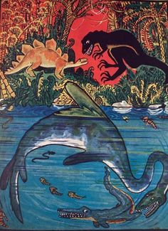 a painting of a man riding a dolphin in the water with other animals around him