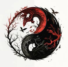 the yin yang symbol is painted in red and black with spooky trees around it