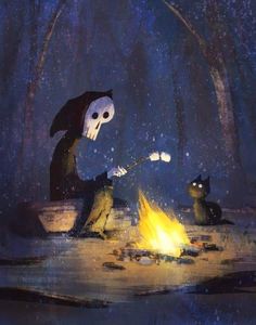 an animated character sitting next to a campfire with two cats around it in the woods