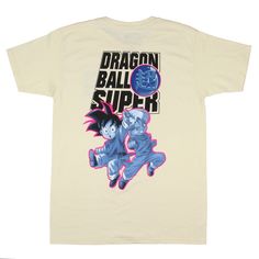 the dragon ball super t - shirt is white with blue and pink graphics on it