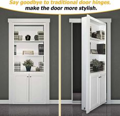 two white bookcases with doors open in front of grey walls and flooring