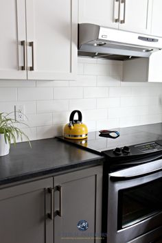 a stove top oven sitting inside of a kitchen next to a counter with a potted plant on it