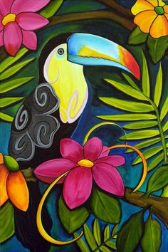 a painting of a toucan on a branch with flowers