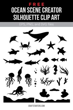 an ocean scene creator silhouette clip art with sea animals and other marine creatures on it