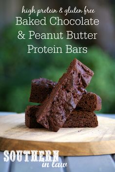 chocolate brownies stacked on top of each other with the words high protein & gluen free baked chocolate and peanut butter protein bars