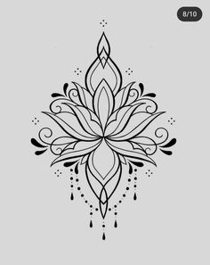 a black and white drawing of a flower with drops on the petals, in an ornate style