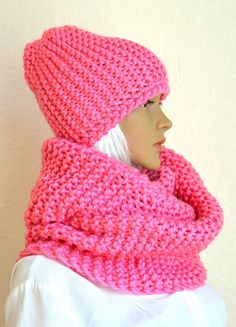 Pink, warm and soft women's hand made snood - scarf and hat set hand knitted from fine merino wool yarns. Hat edges are decorated with crochet hook. Comfortable to wear, very soft and thick hat and snood scarve set. These scarf and hat will warm you up in cold winter or autumn time. Accurately hand knitted from high quality yarns, so, set is durable and easy to maintain. Also it's available hand knitted works according to your model and size. SIZE: universal, scarf length: 52'' (133 cm), width: Handmade Knit Scarves For Winter, Pink Knitted Scarves For Winter, Handmade Winter Knitting Pattern In Pink, Handmade Pink Knitting Pattern For Winter, Pink Knitted Winter Scarves, Winter Crochet Knitting Pattern For Gift, Winter Handmade Pink Knitting Pattern, Winter Gift Crochet Knitting Pattern, Winter Crochet Knitting Pattern