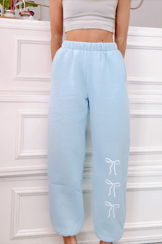 Blue Blushing Bow Sweatpants from Sassy Shortcake Trendy Blue Sweatpants With Drawstring, Blue Drawstring Sweatpants For Spring, Spring Blue Sweatpants With Drawstring, Trendy Spring Bottoms With Bow Detail, Sassy Shortcake, Sweatpants Blue, Cute Pants, Pink Fits, Adidas Fashion