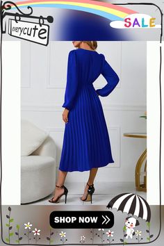 Blue V Neck Pleated Long Sleeve Dress with Belt Blue Solid Color Evening Midi Dress, Blue Pleated Knee-length Midi Dress, Blue Solid Color Dress For Date Night, Blue Long Sleeve Pleated Midi Dress, Blue V-neck Midi Dress Solid Color, Blue Pleated Long Sleeve Midi Dress, Blue Long Sleeve Pleated Dress, Royal Blue Long Sleeve Midi Dress For Formal Occasions, Royal Blue Long Sleeve Midi Dress For Formal Events